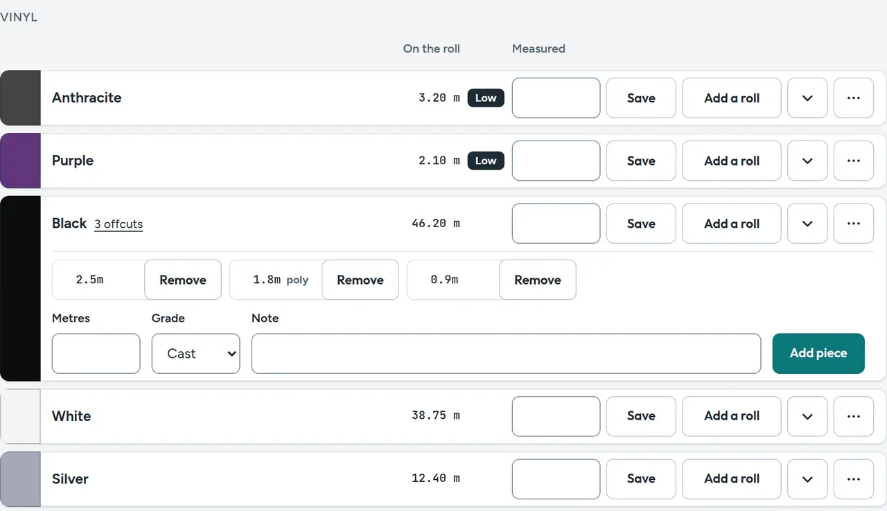Materials in the demo workshop: vinyl rolls with the metres left on each, Anthracite and Purple marked low, and Black open to show its three offcuts, 2.5, 1.8 and 0.9 metres. On wider screens, a form to add another offcut, and White and Silver below them.